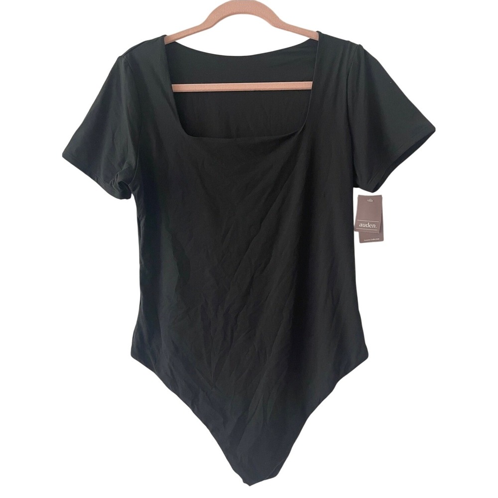 Auden Luxe Stretch Black Short Sleeve Square Neck Fully Lined Bodysuit 2X